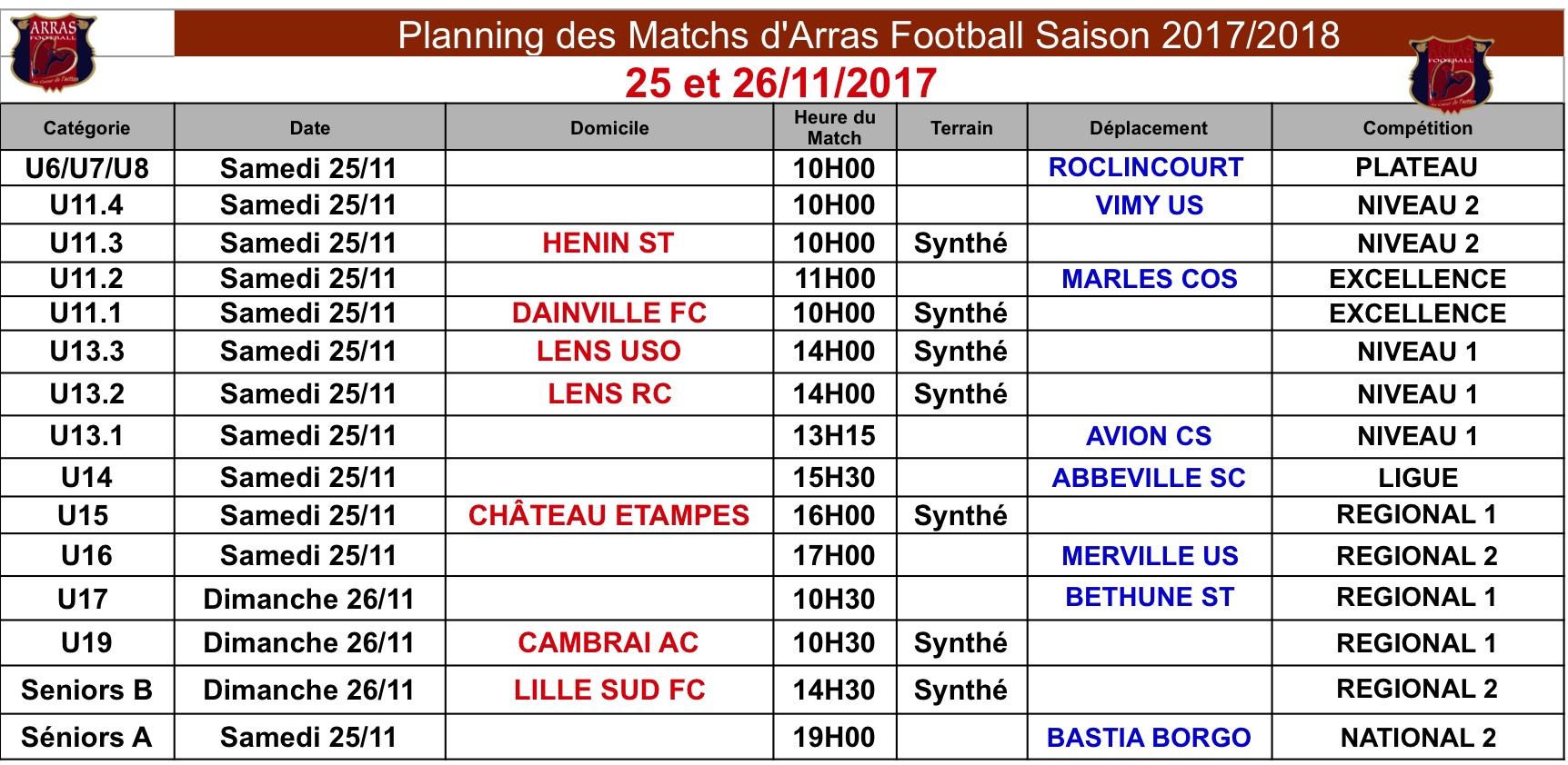 Planning des Matchs S47 2017 2018
